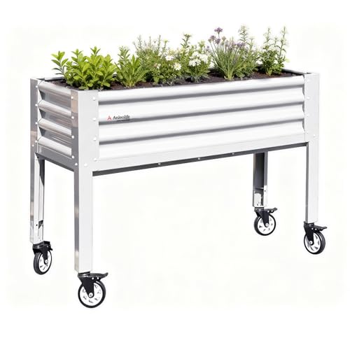 Anleolife Rolling Elevated Raised Garden Bed with Wheels (48x18x35 in / Antique White)