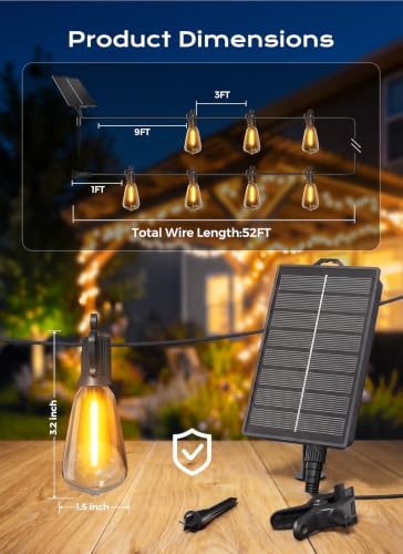 52FT Solar String Lights Outdoor Waterproof (52FT(15 Sockets))