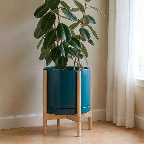 Ceramic Pot with Natural Wood Stand (14 Inch / Teal Pot + Natural Stand)