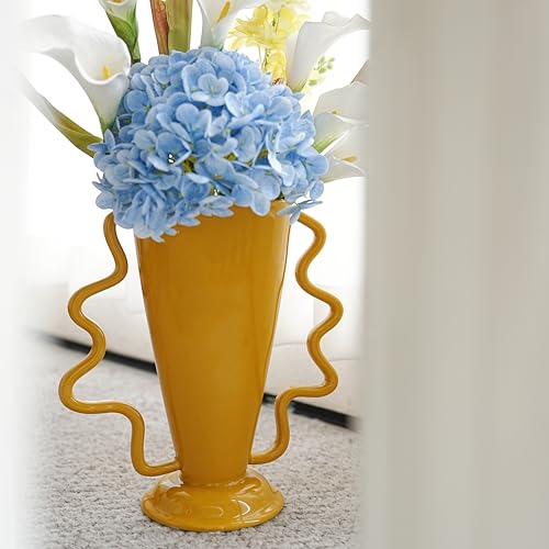 Yellow Rotary Vase Medieval Flower Vessel Living Room Entrance Personalized Simple Wabi Sabi Decorative Ornament Ceramic Ornament (Yellow)