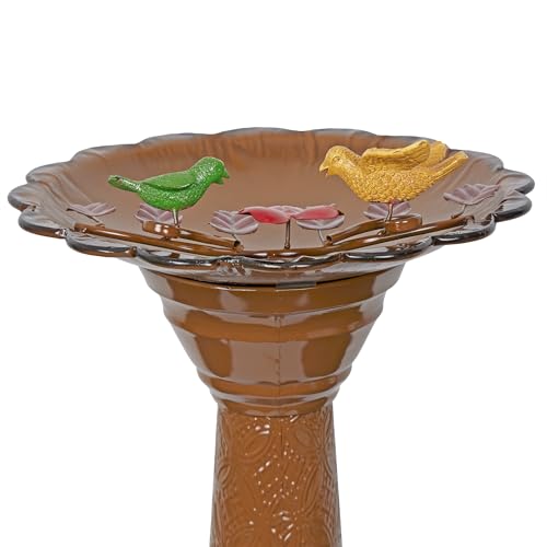ORS112BR Vintage Outdoor Shallow Bowl Metal Pedestal Birdbath with Stand (Brown)