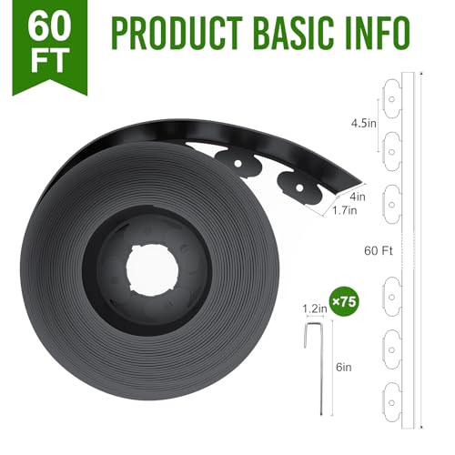 4 Inch Tall 60FT Landscape Edging with 75Pcs Metal Spikes (Black / 60FT)