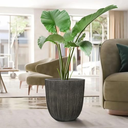 14.8" H Tapered Ribbed Large Plastic Planter with Drainage Hole & Plug (Vintage Black / 14.8in)