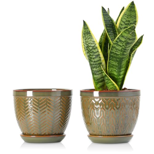 Sureasy 6.5 Inch Ceramic Plant Pots Set of 2 (Green / 6.5 inch)