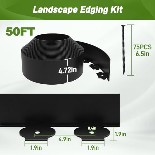 4.72 Inch x 50FT Landscape Edging Border with 75 Stakes (Black / 4.72Inch X 50FT)