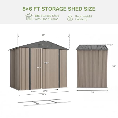 8x6 FT Outdoor Storage Shed with Floor Frame (Brown / 8x6 FT)