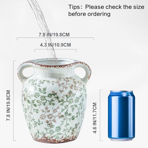 Vintage Vase Chinoiserie Ceramic Flower Vase with Double Handles (01-green and Beige-7.8 Inch)