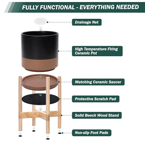 Ceramic Pot with Natural Wood Stand (14 Inch / Black/Speckled Tan Pot + Natural Stand)