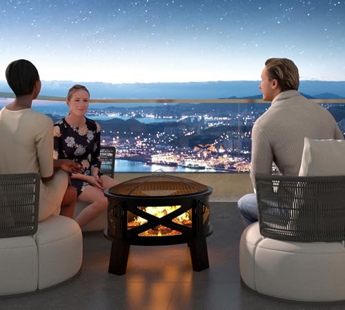 26in Steel Fire Pit with Chimney for Backyard Camping BBQ (Contemporary)