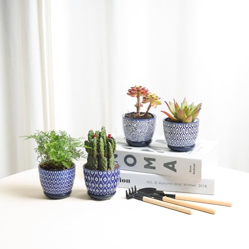 Ceramic Succulent Pots (Vintage Blue / 3.5 Inch, Set of 6)