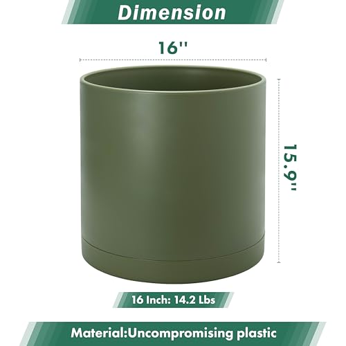 Plastic Planter Pot with Saucer (16 Inch / Olive)