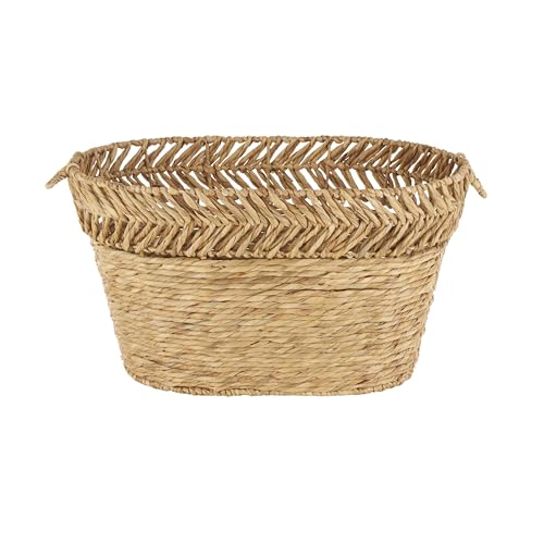 Seagrass Handmade Decorative and Functional Storage Basket Large Woven Oval Basket Organizer with Zig Zag Patterned Rim (30" x 20" x 17" / Brown)
