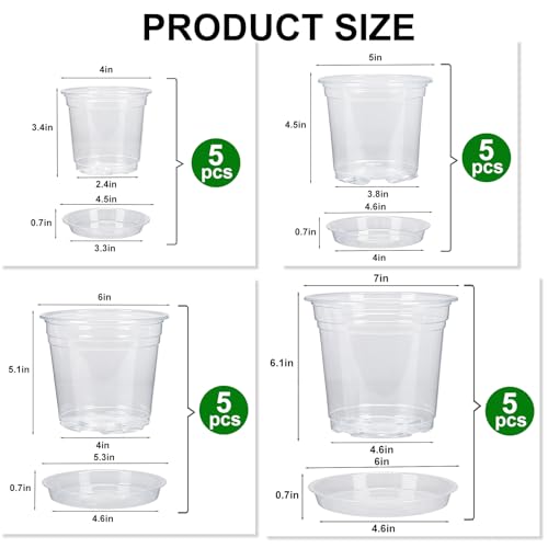 4/5/6/7 Inch 20 Pack Clear Plastic Nursery Pots with Drainage and Saucer (4/5/6/7inch 20pack)