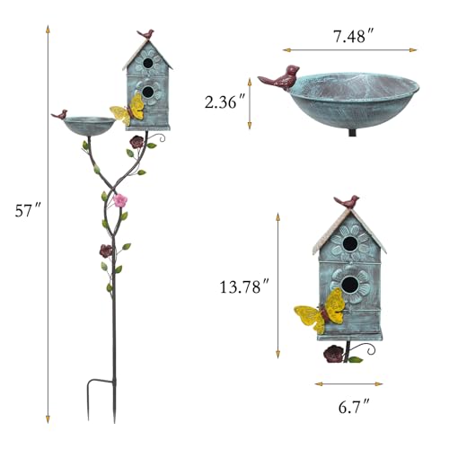 57" H Metal Bird Bath Bowl and Bird House 2 (Blue)