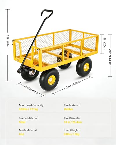Heavy Duty Steel Garden Cart 500 LBS Capacity 3 in 1 Pullable Garden Wagon with 10 in Wheels for Gardening Soil (Yellow / 500 lbs)