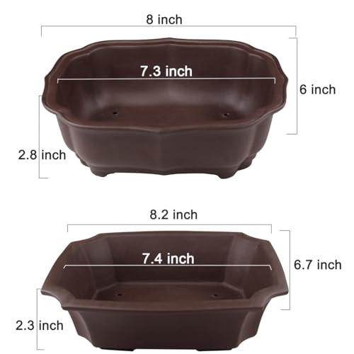 2 Pack 8" Unglazed Ceramic Bonsai Tree Pot Training Planter with Drainage Wiring Hole (2Pcs 8" Rectangle)