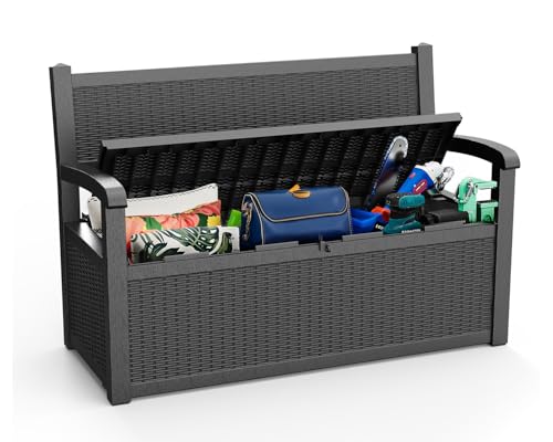 80 Gallon Outdoor Storage Bench Lockable Deck Box Outdoor Storage Box Waterproof for Patio (Black / 80 Gallon)