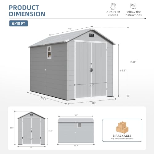 6x10FT Plastic Outdoor Storage Shed with Floor (6x10FT / Light Gray)