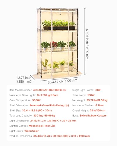 Indoor Greenhouse with Grow Light (Black，4-Tier，Greenhouse with Mechanical Timer / 4-Tier)