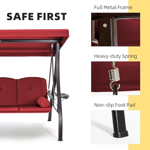 3 Seat Porch Swing with Adjustable Canopy (Wine Red)