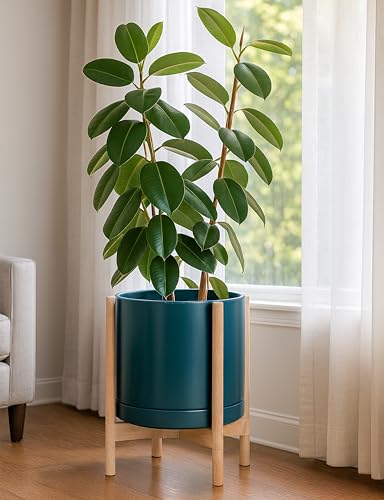 Ceramic Pot with Natural Wood Stand (14 Inch / Teal Pot + Natural Stand)