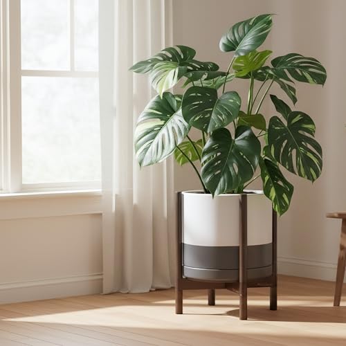 Ceramic Pot with Walnut Wood Stand (14 Inch / White/Grey Pot + Walnut Color Stand)