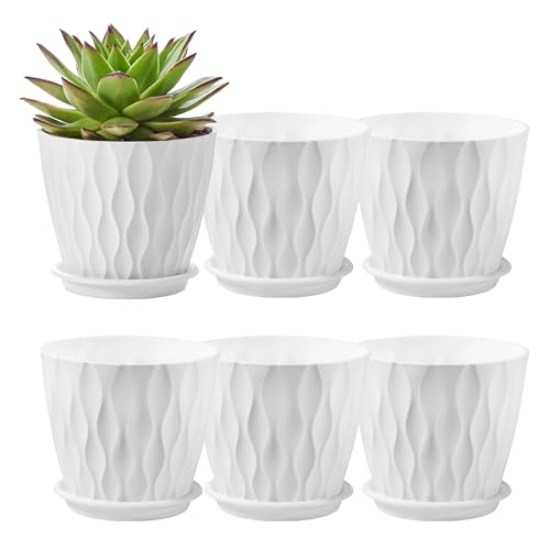 6-Pack 6-Inch Plastic Plant Pots with Saucers | Thickened PP Material, Modern Wave Texture, Enhanced Drainage for Indoor/Outdoor Garden Plants | White Value Set (White)