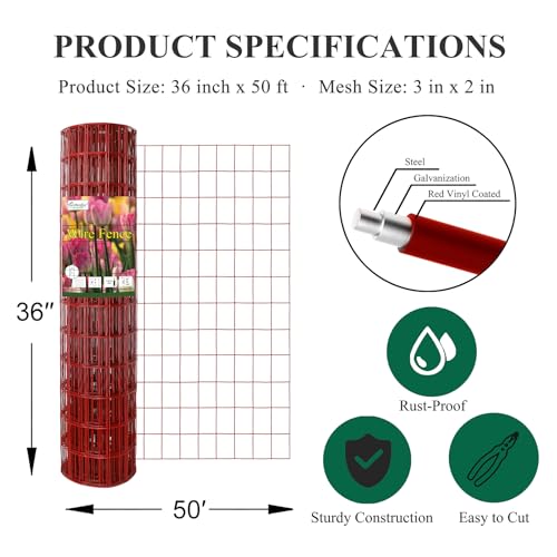 Red PVC Coated Welded Wire Fence 36" x 50' Roll (Red / 2''x3'' 16GA 36''x50')