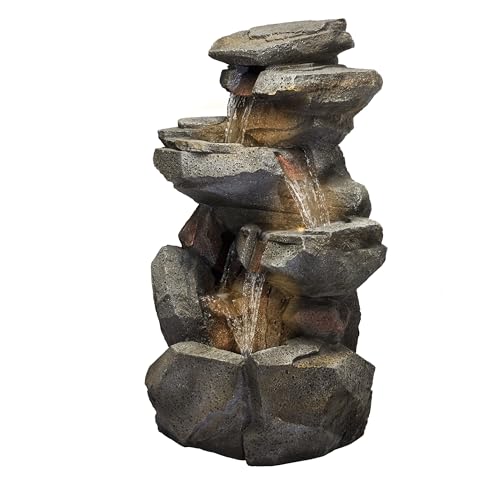 40" Tall Outdoor Multitiered Rock Waterfall Floor Fountain with LED Lights (Gray - 40" H - Multi-tier W/ Warm White Leds)