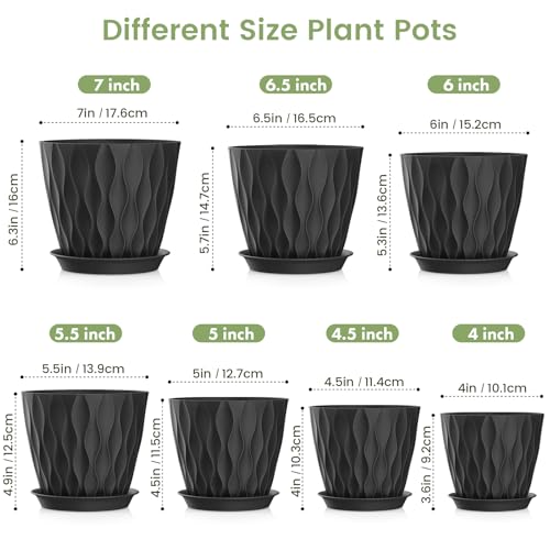 7/6.5/6/5.5/5/4.5/4 inch Plant Pots for Indoor Outdoor Plants, 7 Pack Thick Flower Pots with Drainage Holes and Saucers, Modern Wave Texture Plastic Planter Pots for Nursery, Succulent, Black (Black / 7+6.5+6+5.5+5+4.5+4 inch 7 pieces)