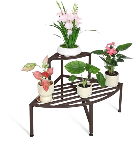 2 Tier Corner Plant Stand Outdoor Metal (Corner-Coffee)