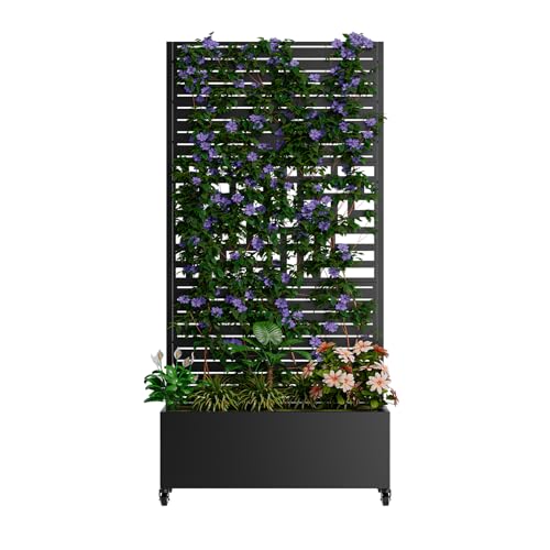 Metal Planter Box with Trellis and Wheels (Black / Rectangular D)