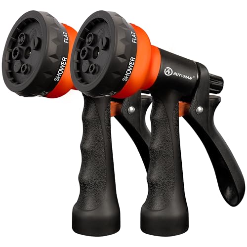Garden-Hose-Nozzle, 2 Pack ABS Water Spray Nozzle with Heavy Duty 7 Adjustable Watering Patterns,Slip Resistant for Watering Plants,Lawn& Garden,Washing Cars,Cleaning, Orange (Orange)