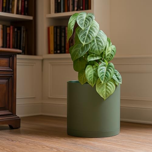 Plastic Planter Pot with Saucer (12 Inch / Olive)