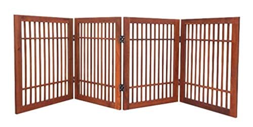 Freestanding Wooden Dog Gate Foldable Indoor Pet Gate No Drill Expandable Barrier for Doorways Stairs Hallways Portable Wood Fence for Small Dogs & Puppies (4 Panel 24" Tall / Brown Pet Gate)
