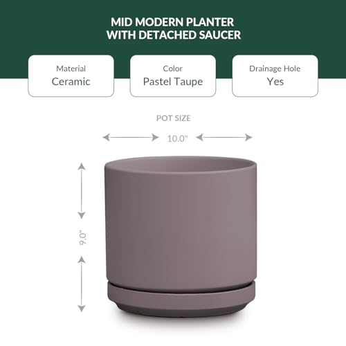 Ceramic 10 Inch Mid Modern Planter Pot with Drainage Hole and Saucer