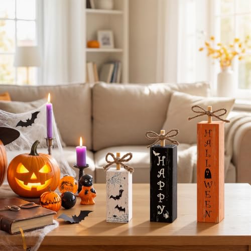 Smile Halloween Wooden Standing Block Decor Happy Halloween Spider Web Bats (Letter Halloween)