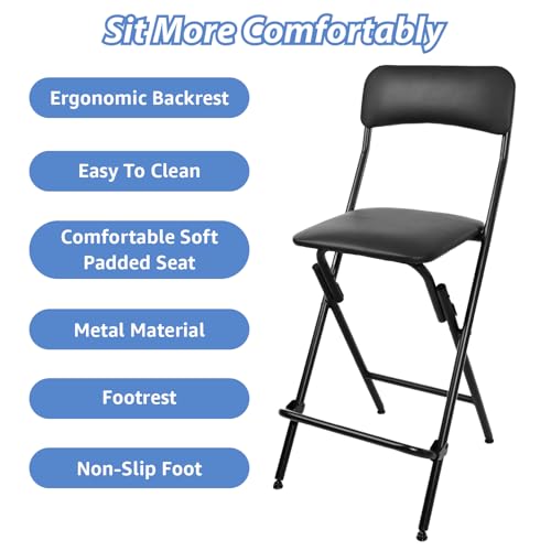 Home Seat High 25" Folding Bar Stool with Backrest Leather Padded oldable Stool Chair for Gardening Kitchen Shop Cafe