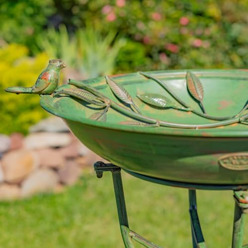Deep Well Made Metal Birdbath with 2 Cast Iron Birds and Leaf Decoration (Verdi Green)