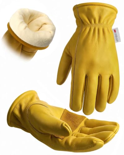 Water Repellent Cowhide Leather Winter Work Gloves for Men Gold XL (Golden - Thermal / X-Large)