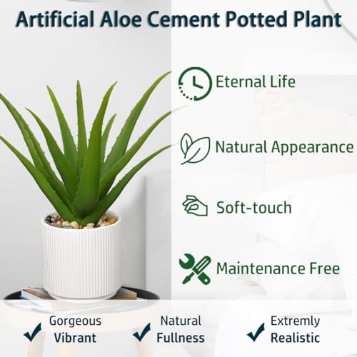 Artificial Succulent Aloe Plants 12 Inch Faux Succulents with Ceramic Pot Fake Aloe Potted Plant for Home Indoor Bathroom Table Bedroom Shelf Office Decor (Green Aloe-13")