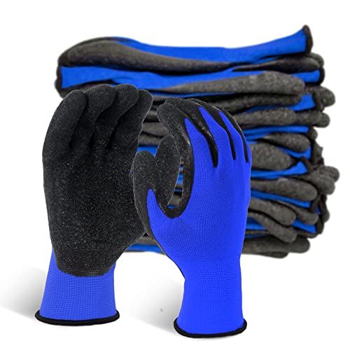 Crinkle Latex Rubber Coated Safety Work Gloves for Men Women (Large / Blue-12 Pairs)