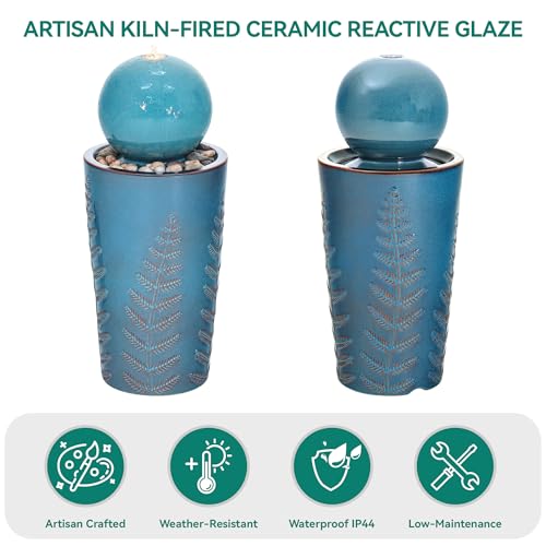 29.5" H Ceramic Sphere Water Fountain with LED Light (Blue Glaze Pebbles Teal 29.5"h-sphere)