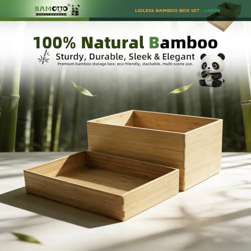 2 Piece Bamboo Storage Box Set Stackable Organizer (2-Piece Bamboo Box Set - Large / 14.6"L x 10.2"W x 7.1"H & 14.6"L x 10.2"W x 3.1"H)