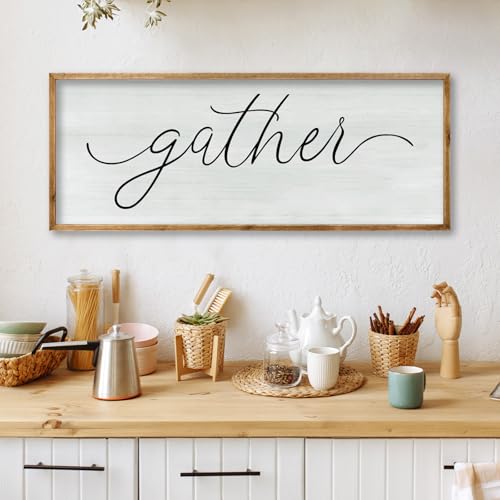 Dining Room Wall Decor Gather Sign 32"×12" for Home Kitchen Cozy Family Reunion Plaque Large Rustic Vintage minimalist Farmhouse Living Room Wood Framed Hanging Art (32"L x 12"W / Gather Sign (Wood))