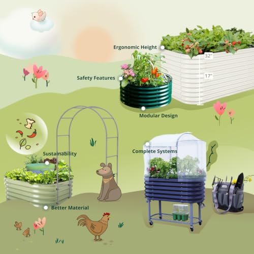 17" Tall Kids First Garden Bed 24" x 42" Raised Planter Box Outdoor Metal Galvanized Gardening Bed for Vegetables Herb & Flower (Pearl White / 24"(W) x 42"(L) x 17"(H))