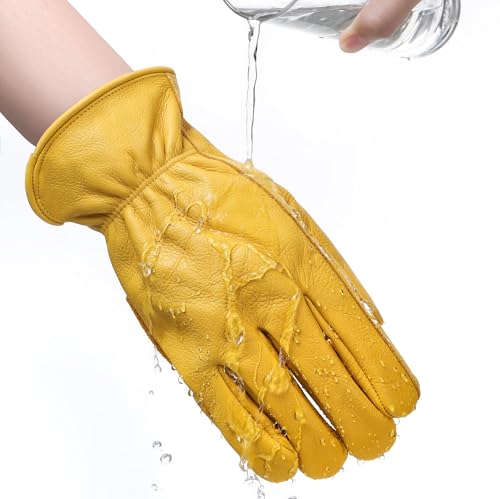 Water Repellent Cowhide Leather Work Gloves for Men 1 Pair Gold XXL (Golden - Water Repellent / XX-Large)