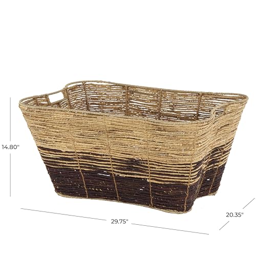 Seagrass Handmade Decorative and Functional Storage Basket Oversized Color Block Basket Organizer with Slot Handles (30" x 20" x 15" / Brown)