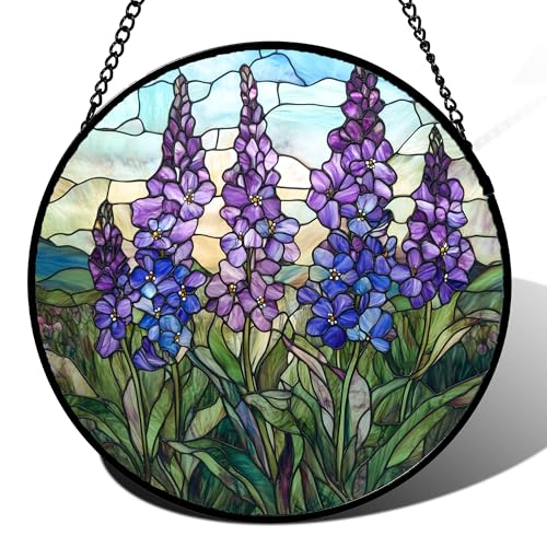 Purple Lupine Flowers Stained Glass Window Hanging Suncatcher Gift 7.8" (Purple and Green / 7.8x7.8 IN)