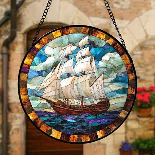 Blue Ocean Sailing Stained Glass Window Hanging Suncatcher Gifts 7.8"